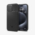 ACS06599 - iPhone 15 Pro Max Case Optik Armor (MagFit) in black showing the back with lens slot open